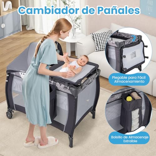 COSTWAY Cuna de Viaje para Bebé 4 en 1, Parque Plegable Portátil con Cambiador, Dosel y Red, Caja de Música, Colchón y Bolsa de Transporte para Bebés (Gris Claro) - imagen 3