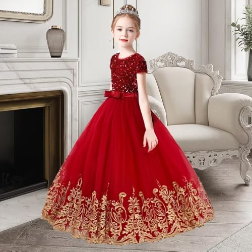 dideyttawl Girls Gold Embroidery Appliqued Puff Tulle Short Sleeves Sequins Party Dress Long Formal Flower Girls Dress3