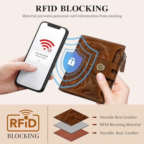 Image of Womens Wallet,RFID Blocking Leather Wallet Womens Bifold Card Holder Small Compact Wallet for Women with Removable ID Window(yhbrown)
