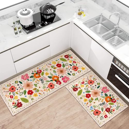 Non-Skid Washable Kitchen Rugs Set of 2 - Boho Floral Runner Mats (Beige 17x47 + 17x30)