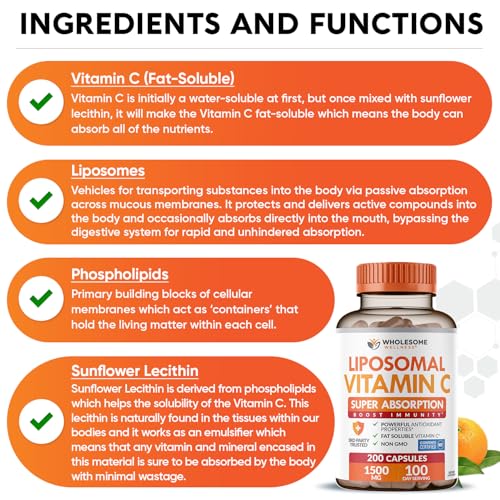Wholesome Wellness Liposomal Vitamin C Capsules (200 Pills 1500mg Buffered) High Absorption, Immune System & Collagen Booster, High Dose Fat Soluble Immunity Support Ascorbic Acid, Natural Vegan