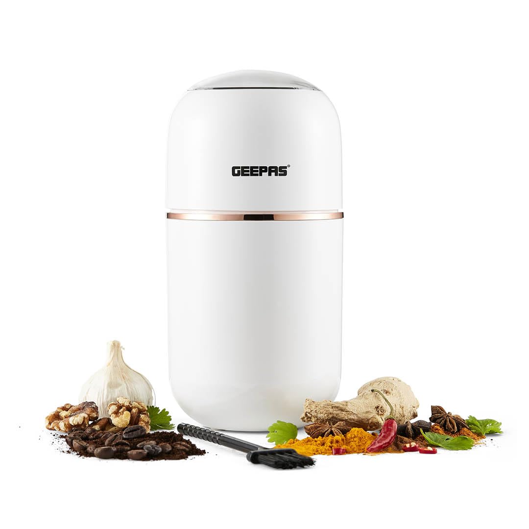 Geepas Coffee Grinder 80 g Capacity | Stainless Steel Bowl & Double Blades | Electric Dried Spice Nuts Herbs Beans Coffee Grinder | Small Fixed Mill with Transparent Lid | 200W, White (Renewed)