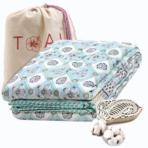 Image of TOAIArt Premium Jaipuri Dohar | AC Blanket Summer Quilt | Hand Block Printed | 3 Layers | Reversible | 150GSM 100% Mulmul Cotton | 100% Cotton Flannel Filling | Single 60 inch X 90 inch |Small Blue Jaal