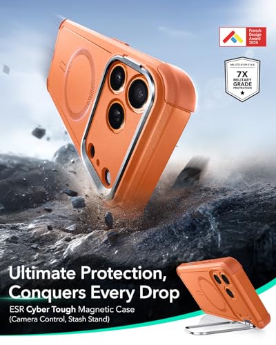 Image of ESR for iPhone 17 Pro Max Phone Case with Stand, 23ft Military-Grade Drop Protection with Camera Control, Shock-Absorbing Rugged Cover, Compatible with MagSafe Accessories, Cyber Series, Orange