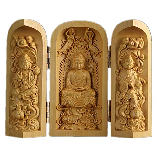 仏像 三開仏 観音像【勢至菩薩・阿弥陀如来・観音菩薩】木彫り ミニ 仏壇 仏箱 仏龕 置物 (高さ10cm×巾13cm×奥行5.5cm)