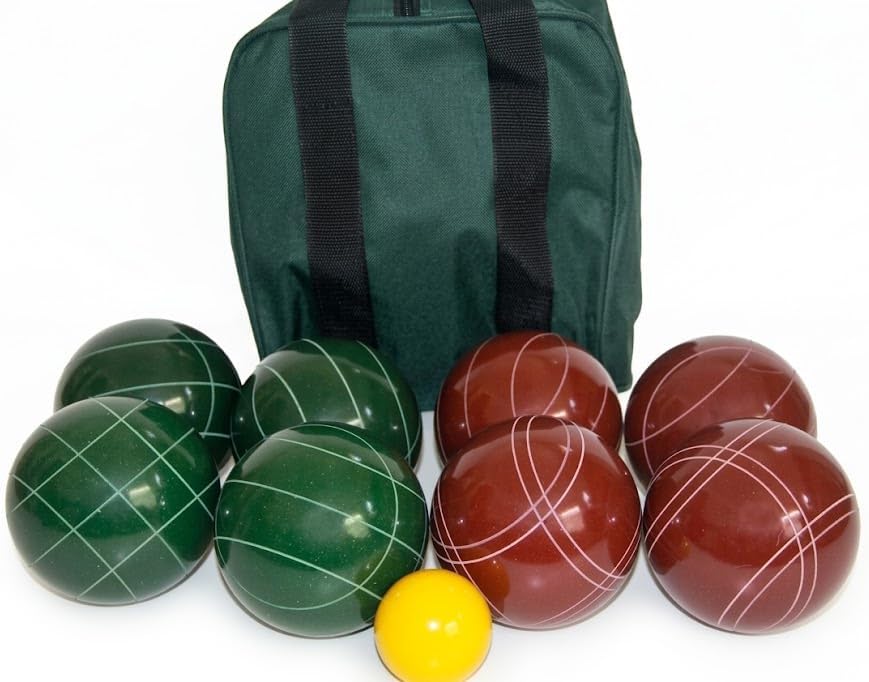 BuyBocceBalls Listing - Made in USA, Premium Quality Tournament Bocce Set - 110mm Dark Green and Dark Red Balls, Nylon Green/Black Bag, 998 Grams (2 lbs. 3.2 oz.). Various Bag Colors