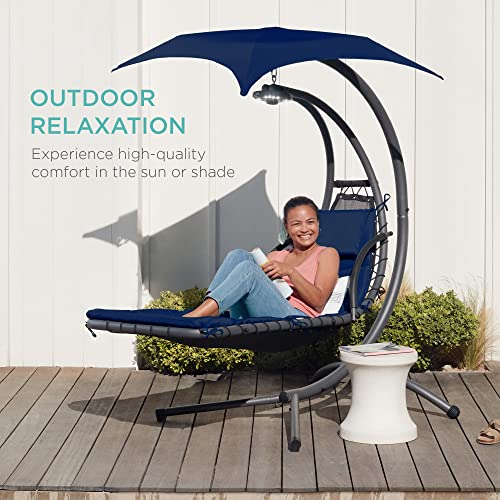 Best Choice Products Outdoor Hanging Curved Steel Chaise Lounge Chair Swing W/Built-In Pillow And Removable Canopy - Navy Blue #TOP6