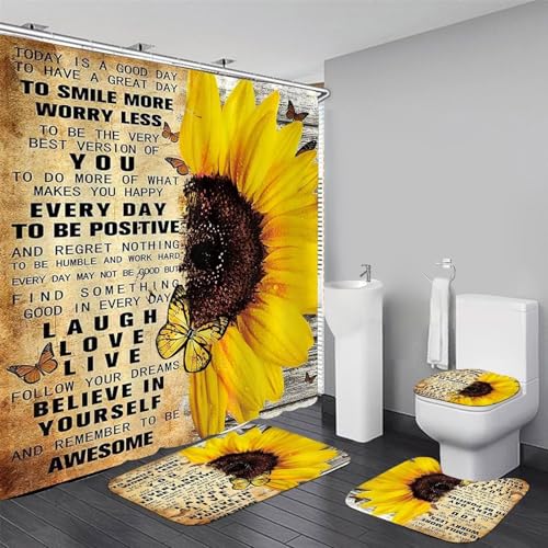 AZHM 4pcs Shower Curtain Sets with Rugs Sunflower Bathroom Set Decor Inspirational Quotes Bathroom Curtains Shower Set with Rugs and Accessories