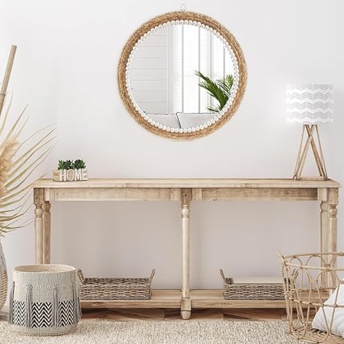 22 Inch Boho Style Decorative Mirror, Round Rattan Wall Hanging Mirror, Nature Rattan Woven Round Mirror, Makeup, Dressing Mirror, Suitable for Dressing Room, Living Room, Bedroom, Farmhouse - Image 6