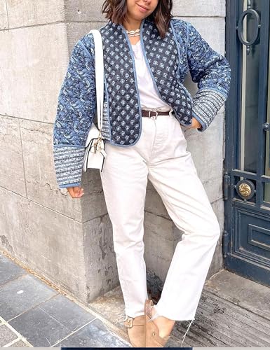 Aimiray Women's Cropped Floral Puffer Jacket Cardigan Printed Lightweight Open Front Padded Quilted Coats(Navyblue-L)2