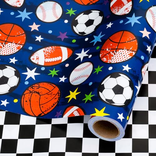 Wikadlik Geschenkpapierrolle mit Bällen – buntes Fußball-Basketball-Motiv, schwarz-weiß...
