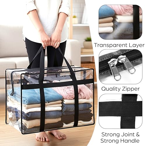 Image of Storite 6 Pack 70 L Moisture Proof Transparent Underbed Storage Bag /Clothing Storage Organiser /Toy Storage /Blankets Storage Bag with Zipper and Strong Handle (Transparent,54x33x40 cm)