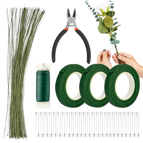 RAINFLOW Flower Arrangement Supplies for DIY Floral Tape and Floral Wire Kit with Boutonniere Pins Cutter Include 22 Gauge Wire and 26 Gauge Wire for Flower Bouquet and Wreath Making