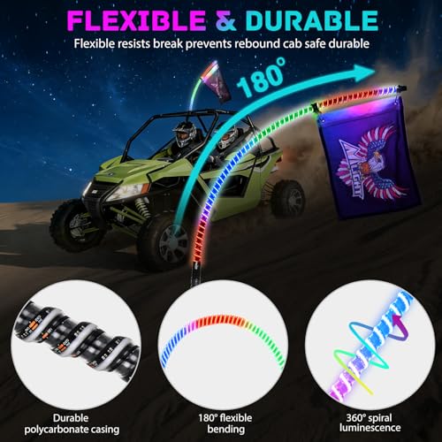 Image of Nilight LED Whip Light 1 PC 4FT COB RGB Spiral Lighted Antenna with Spring Base, Bluetooth App & Remote Control DIY Chasing Patterns & Music Sync Safety Whips for ATV UTV RZR Polaris Can-Am Truck