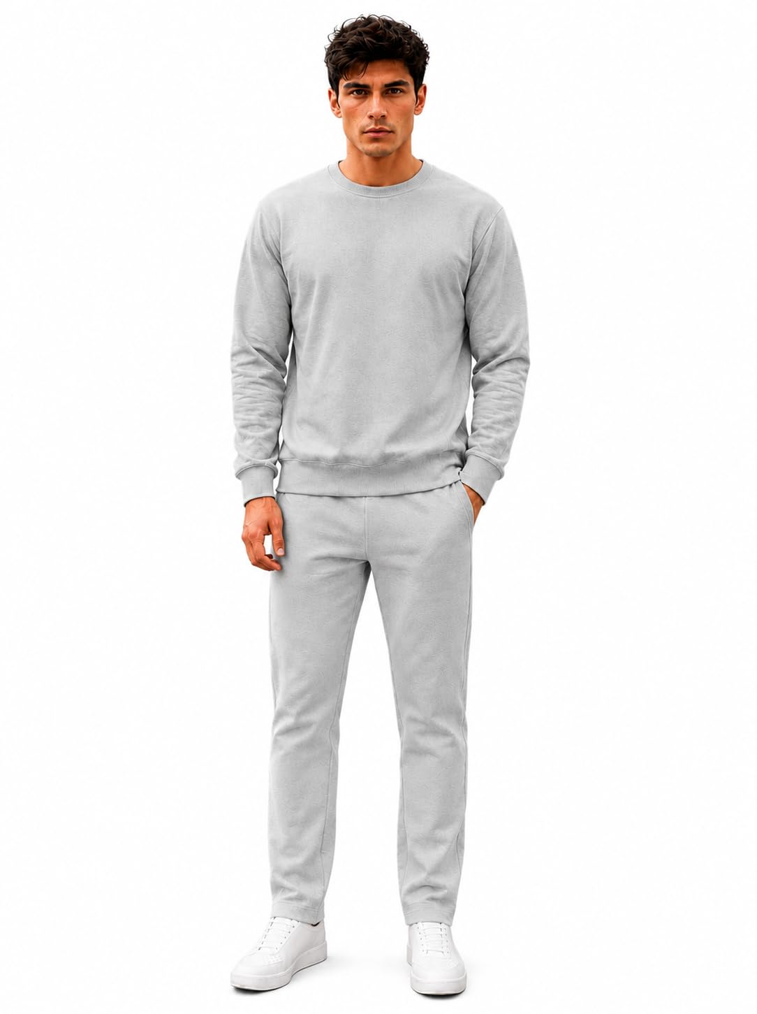 men’s fleece tracksuit set | solid round neck sweatshirt with matching track pant | full sleeve winter wear casual jogger set for men-mj-220