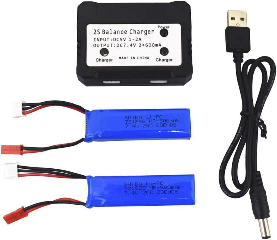 sea jump 2PCS 7.4V 500mAh Li Battery+2in1 Charger for Wltoys A202 A212 A222 A232 Z242 Z252 Four-Wheel Drive Remote Control Drift High-Speed Car Battery XK K160 Fixed-Wing Gliding Aircraft Battery