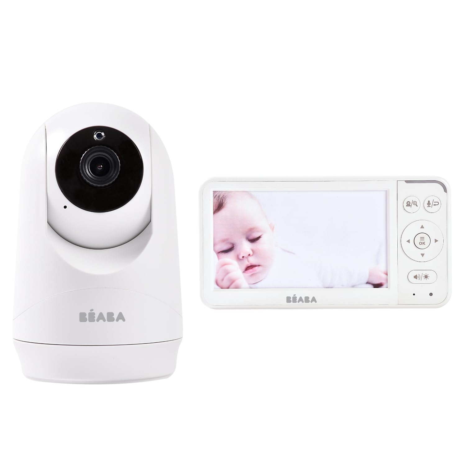 BÉABA, Babyphone Camera Zen Plus 2 – Caméra Rotative 360°, Écran 5 Pouces HD, Vision Nocturne, Talkie-Walkie, Thermomètre, 8 Berceuses, Portée 300m, Autonomie 20h, 4 Caméras Connectables, Blanc