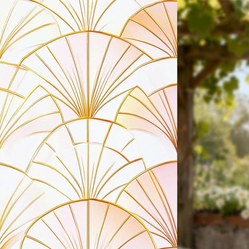 Image of Nuxovilar Frosted Gold Pink Fan Pattern Window Film 17.7x39.4 PVC | Geometric Fan, Gold Cling vintage pattern sticker, luxury glass wrap for living room bedroom office (Geometric Fan)