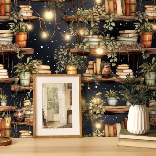 iPaste Cozy Bookshelf Wallpaper Peel and Stick Boho Botanical...