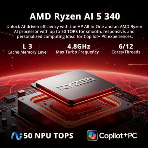 Image of HP 23.8 inch FHD Touchscreen All-in-One Desktop AI PC, AMD Ryzen AI 5 340, 16GB DDR5, 2TB Storage (1TB SSD+1TB Docking Station), FHD IR Camera, Wi-Fi 6, Wireless Keyboard & Mouse, Win11 Pro, Black