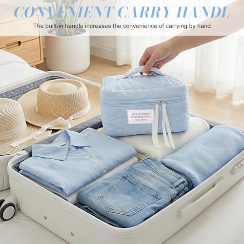 Image of MAYCREATE Quilted Makeup Pouch Bag Cosmetic Makeup Organisers Travel Bag for Woman, Soft Zip-up Toiletry Organizer Pouch with Handle for Skincare, Beauty Essentials & Toiletries, 24x16x15cm