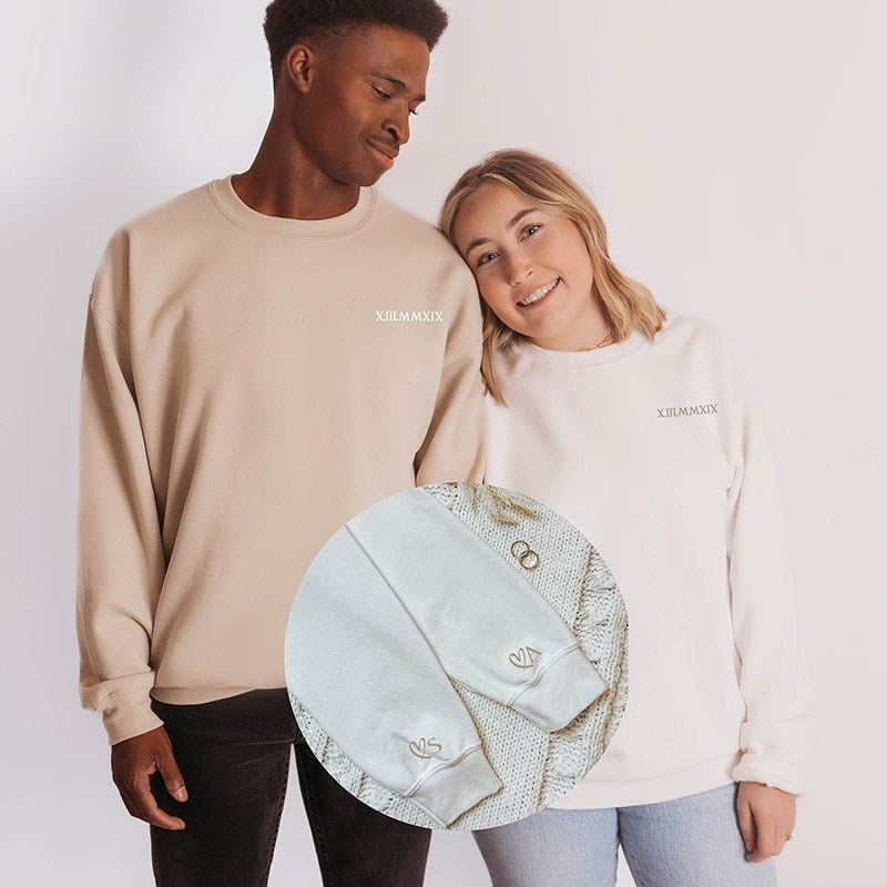 Personalized Embroidered Roman Numerals Sweatshirt Custom Anniversary Date Matching Couples Hoodie Gifts with Initial Heart Gift for Valentine's Day4
