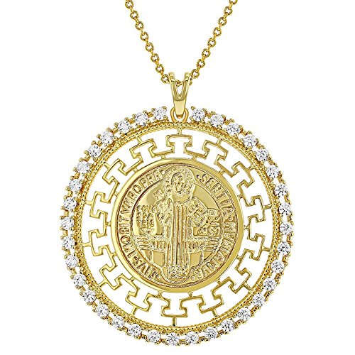 Preisvergleich Produktbild In Season Jewelry Medaillen-Anhänger, 18 Karat vergoldet, klarer kubischer Zirkoniastein, Heiliger Benedikt, griechischer Schlüssel, für Damen, 48,3 cm