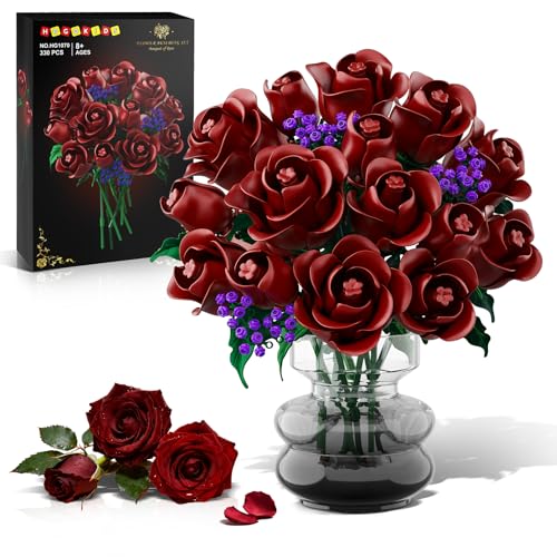HOGOKIDS Blumen Rote Rosen Bausatz 15 Burgunderrote Rose Ostergeschenk 330 Teile Blumenstrauß Bauset Botanische Bausteine Künstliche Spielzeug Heimdekoration für Erwachsene Kinder 8+ Jahren