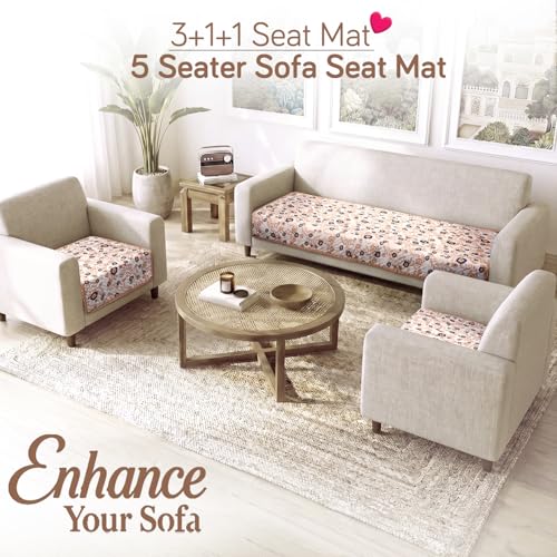 Image of HOKIPO 'Homehues Series' Printed Quilted Sofa Cover Mat for 5 Seater Set - Light Peach Candytuft (IN-806 * 2 + IN-809 - D6)