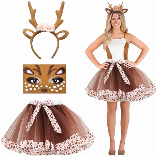 Reh Kostüm Damen, Rentier Kostüm, Hirsch Blumenstirnband und Tüllrock Braun, Karneval Cosplay Kostüms mit Gesichtsaufkleber, Elch Cosplay für Halloween, Karneval, Mottoparty