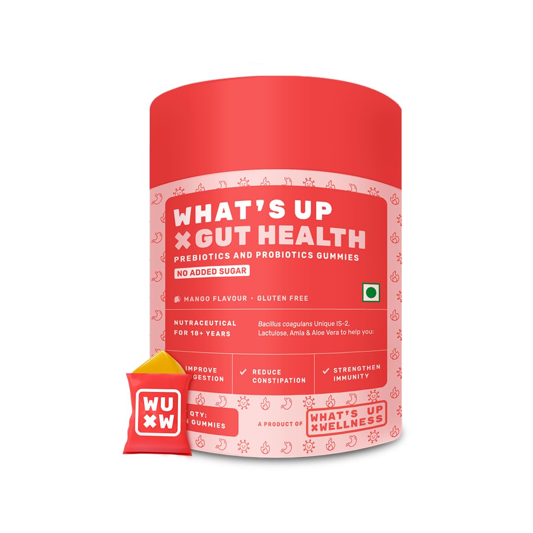 What's Up Wellness Gut Health Supplements Gummies | Prebiotics & Probiotics Supplement | Constipation, Bloating, Gas & Acidity Relief | Gut Cleanse Detox | Clinically Proven Strain | 30 Days (Pack Of 1)