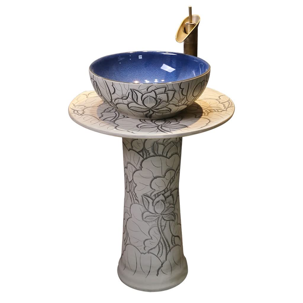 Rkvxcjhdr A Pedestal Sink Pedestal Vessel Sink Carved Lotus Rt Post Basin Ceramic Washbasin One-Piece Pedestal Combo Sink With Faucet Bathroom Sinks