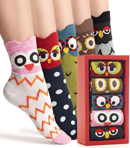 Image of Unisex Family Owl Socks - 5 Pairs Cotton Crew Socks in Gift Box for Men, Women & Kids - Fun, Colorful Owl Design, Soft & Breathable, Comfortable for Everyday Wear - US Sizes 5-8