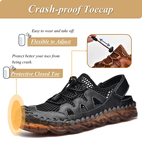 Qiucdzi Mens Closed Toe Sandals, Sport Sandals Casual Leather Handmade Sandals Adjustable Fisherman Beach Sandals For Outdoor Walking Driving2