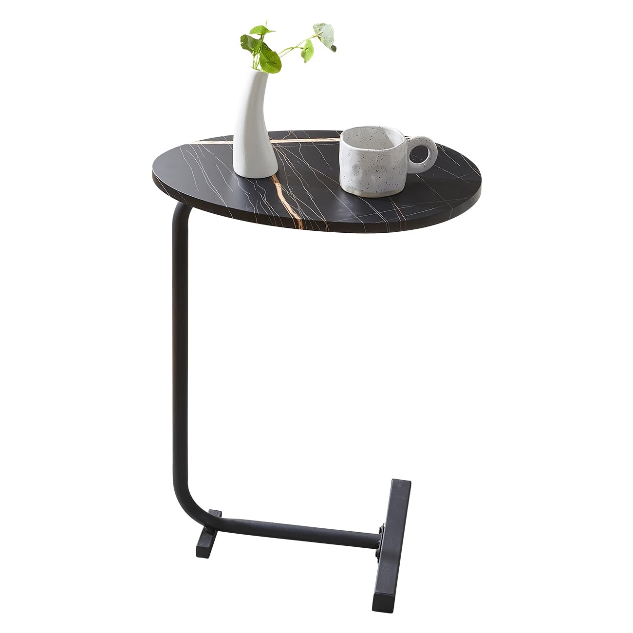 NICEME C-Shaped Sofa Side End Table for Living Room, Metal Base, Wood Tabletop (Oval, Black Marble)