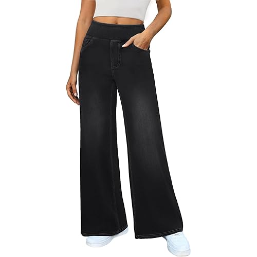 Wide Leg Jeans Woman | High Waisted Stretchy Baggy Jean, Elastic Waist Pull On Sweatpant, Long Straight Denim Pants