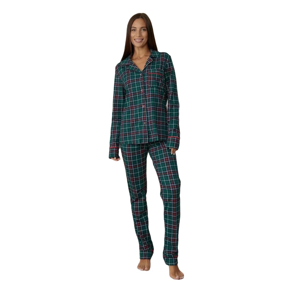 Pijamas Conjunto Pantalones De Manga Larga Pajamas Juego Pijama A Cuadros Ropa Casa-Verde-s