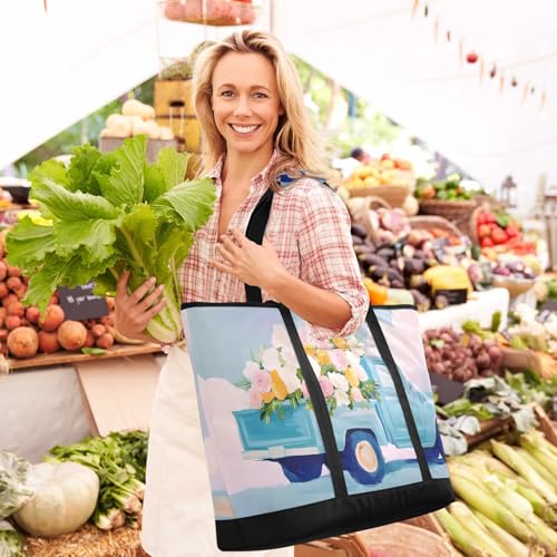 Truck Flower Watercolor Large Insulated Tote Bag for Grocery Shopping Reusable Tote Bags for Women Men, Cooler Bag with Zippered Top & Handles for Beach Picnic Travel2