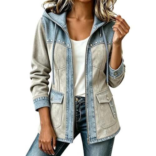 JiXiang Lightweight Jacket Women Patchwork Zip Up Dressy Coats Long Sleeve Button Flap Pockets Western Oversized Outerwear - image 2