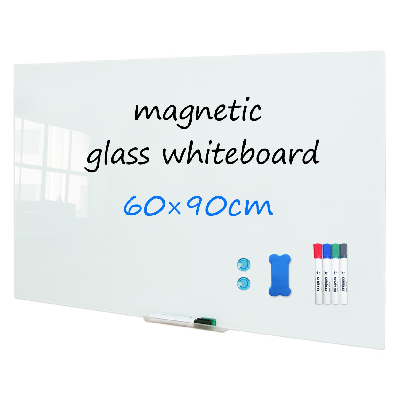 DEVELOP Magnetic Glass Whiteboard 90x60 - Large Wall Mounted Frameless Dry Erase White Board 90 x 60 (36x24 Inch) with Essential Accessories for Office, Home, Classroom