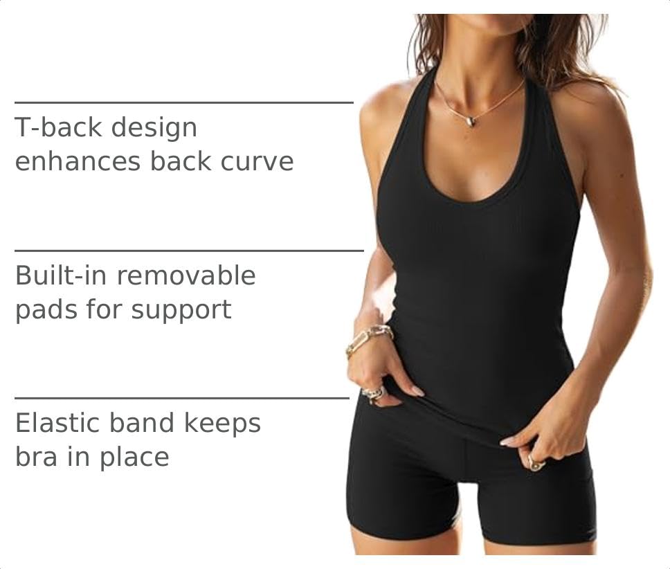 Image of Darong Womens Ribbed Halter Neck Tank Top with Built in Bras Summer Clothes