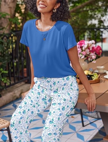 Image of Ekouaer 2 Pack Pajamas for Women Set Short Sleeve Pj Top and Printed Pants | Soft PJs Cozy Printed Lounge Sets Comfy Sleepwear with Pockets