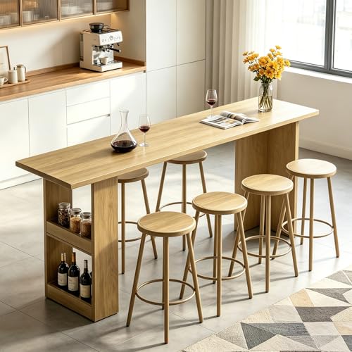 Mesa Bar de Madera Maciza con Almacenaje, Mesa Alta Cocina,