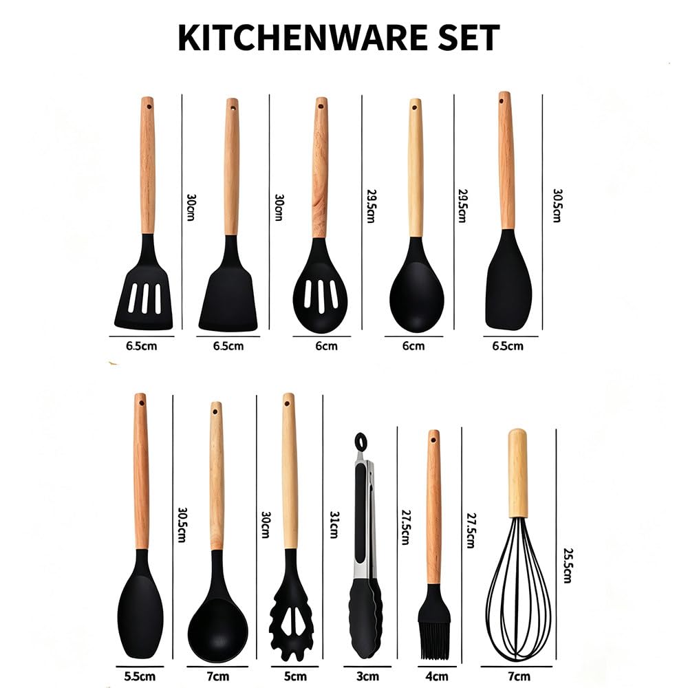 Set di 19 Utensili da Cucina in Silicone con Coltelli in Acciaio Inox E Supporto, Kit di Strumenti Antiaderenti con Manico in Legno per La Cucina Domestica Quotidiana off-White