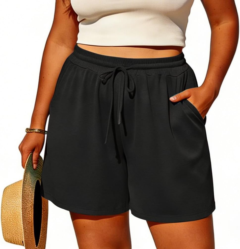 Ninee Plus Size Shorts for Women Summer Casual High Waisted Wide Leg Drawstring Shorts Comfy 2026 Beach Vacation Outfit