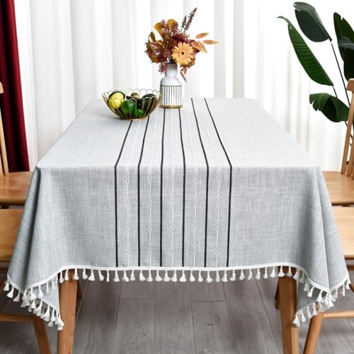 Yofori Heavy-Duty Cotton Linen Tablecloth with Tassels - Washable, Wrinkle-Free, and Reusable - Great for Kitchen, Indoor and Outdoor Dining, and Outdoor Picnics (Grey, 135 x 300 cm)