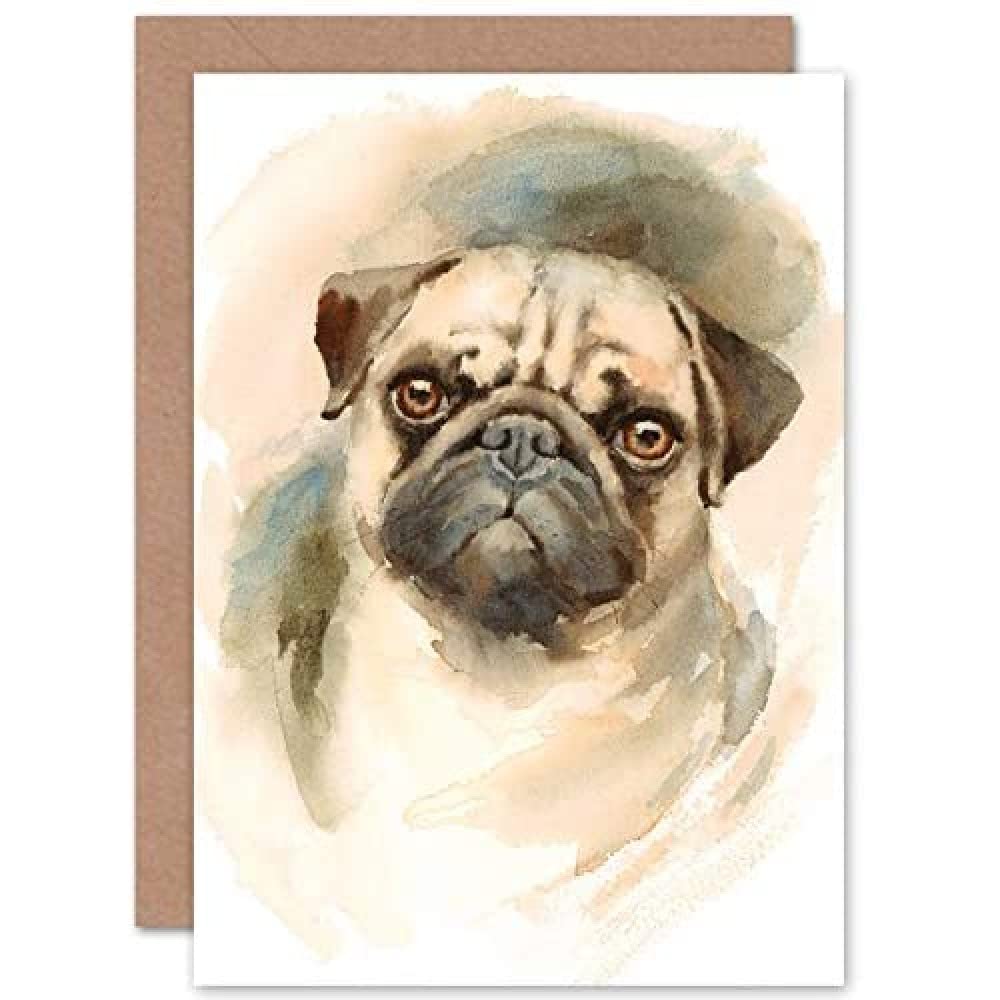 Wee Blue Coo Dog Pug Watercolour Greeting Card With Envelope Inside Premium Quality