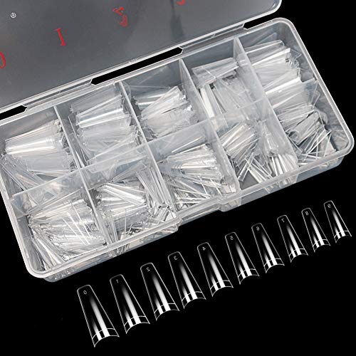 Buqikma 500 Pcs Clear Nail tips French Flat Style Acrylic Coffin Ballerina False Tips Half Cover 10 Size With Box for Nail Salons and DIY Nail Art (Box, Clear)