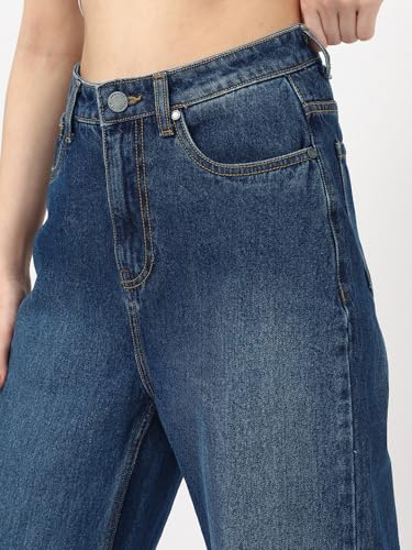 Image of Bewakoof Women's 100% Cotton Straight Fit Jeans | Jeans for Woman | Pants for Woman | Classic Denim Pants | Everyday Casual | Utility Streetwear | Lightweight & Flexible | Straight Pants for Women