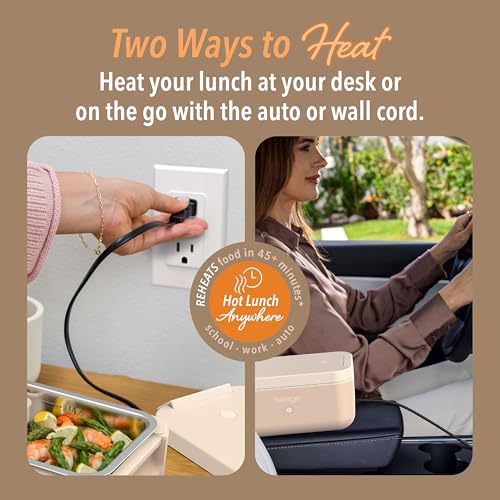 Bentgo Heat - Electric Lunch Box - Portable Food Warmer for Adults, Heated Lunch Box for Work, Travel, School & On the Go, Plug Into Wall or Car, Ideal for Ages 14+, 12V/24V & 120V Cords (Latte)